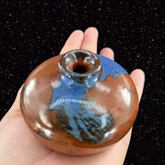 Vintage Hand Trown Art Pottery Bud Vase Signed Hand Made Ceramic Blue Red Drip