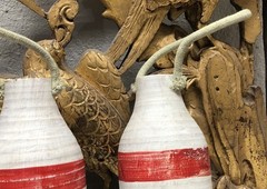 Set of 2 Vintage Bouy Wood White Red Stripe Marked LH-06 Lobster Nautical Decor