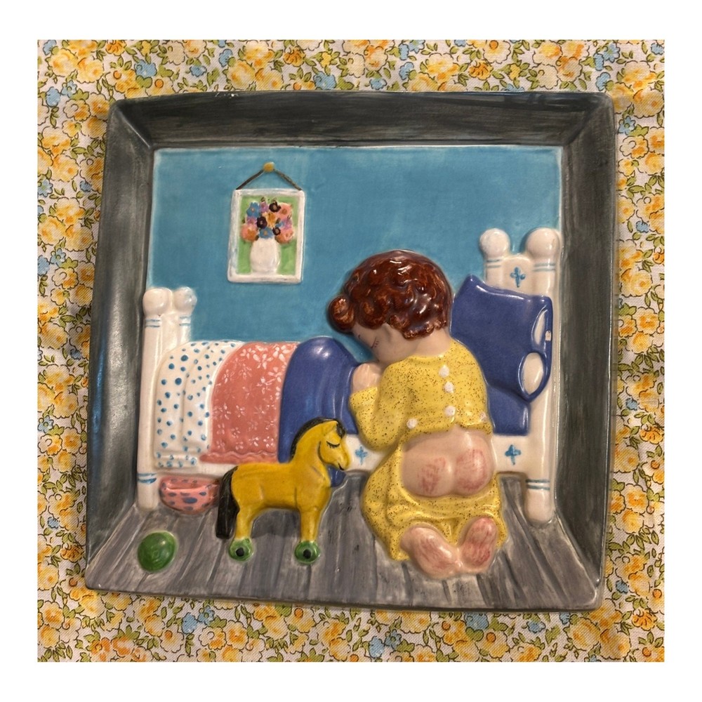 Vintage 1971 Ceramic Wall Plaque Praying Child Relief Tile Nursery Decor 6″