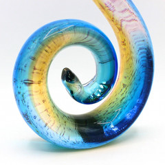 Vintage Murano Style Art Glass Sculpture Blue Amber Abstract Swirl Wave Design