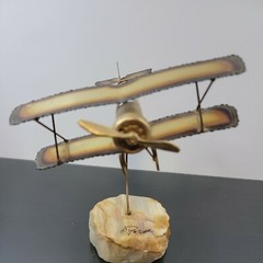 Vintage MCM Demott BiPlane Golden Metal Stone Base Art Decor Signed