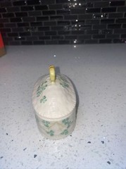 VTG Belleek Pottery Ireland Trinket Box w/Lid Basket Weave with Green Shamrocks
