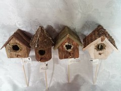 Home Interiors Birdhouse Floral Picks/ Set of 4/Natural Wood/Pine Cone Decor/New