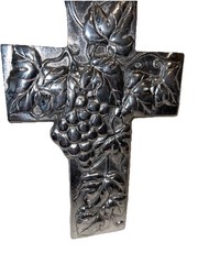 Beautiful Cast Aluminum 9 Inch Hanging Wall Cross Grapes Motif Fun