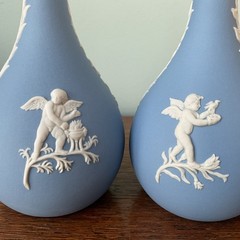 Wedgwood Blue Jasperware Four Seasons Cherubs Salt & Pepper AND Pair Bud Vases