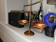 VINTAGE AMBER GLASS COPPER & BRASS ” SCALES OF JUSTICE” MID CENTURY RETRO
