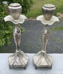 Pair of Antique – Vintage Art Nouveau Silver Tone Candlestick Holders Victorian