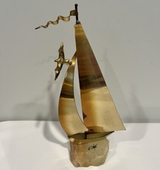 Handcrafted John DeMott Brass Sailboat Seagull Onyx Base Nautical Sculpture 12”