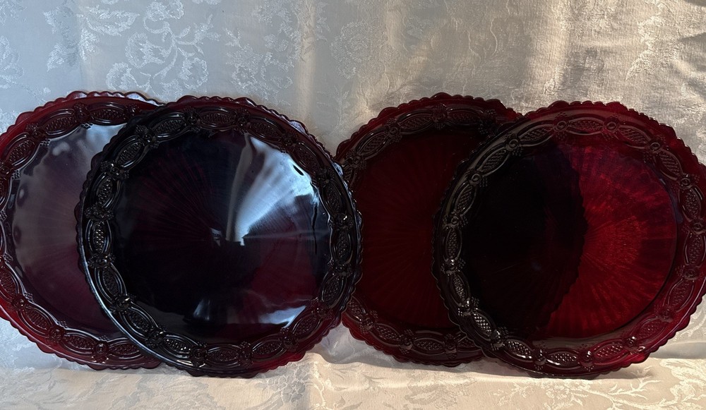 Vintage Avon Glass Dinner Plate Ruby Red 1876 Cape Cod 10.5″ Set Of 4