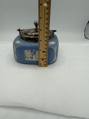 Rare Wedgwood Blue Jasperware Biscuit Barrel Square Metal Lid England 5 3/4” Sq