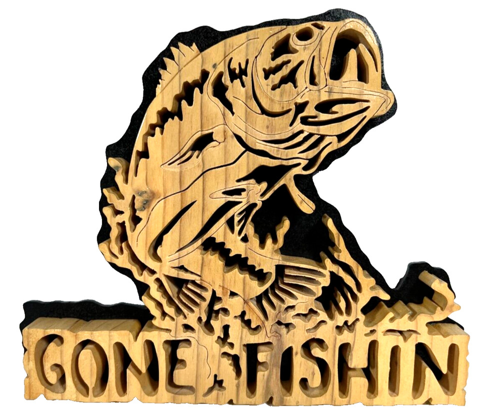 Bass ‘Gone Fishin’ – Ready to Hang or Stand – Hand Crafted Wood