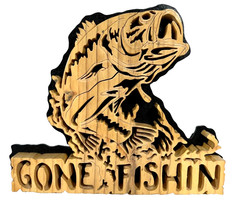 Bass ‘Gone Fishin’ – Ready to Hang or Stand – Hand Crafted Wood
