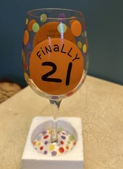 Our Name is Mud FINALLY 21 Painted Wine Glass in original packaging