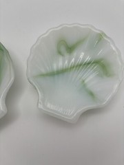 2 Akro Agate Clam Shell Green & Opaque White Swirl Glass Trinket Dish Ashtray