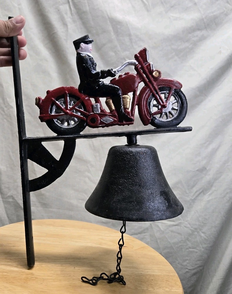Cast Iron Motorcycle Dinner Door Bell Hand Painted Red Motorcycle Rider
