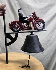Cast Iron Motorcycle Dinner Door Bell Hand Painted Red Motorcycle Rider