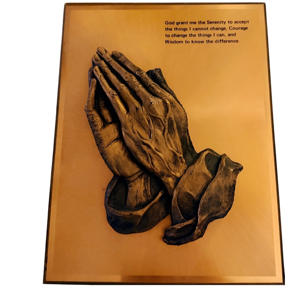 Vintage Copper Wall Plaque – Praying Hands 3D Relief – Serenity Prayer – Inspira