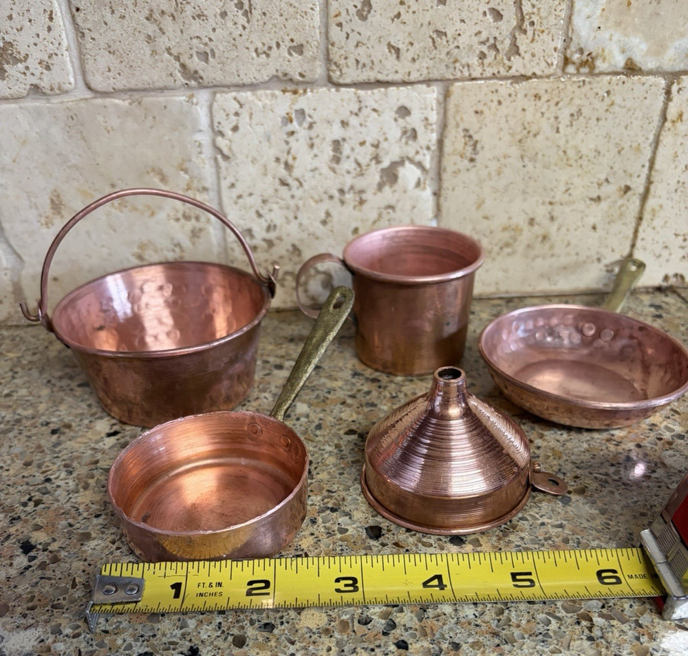 Vintage Copper Kitchenware Lot Small Cup Pot Pan Funnel Kettle