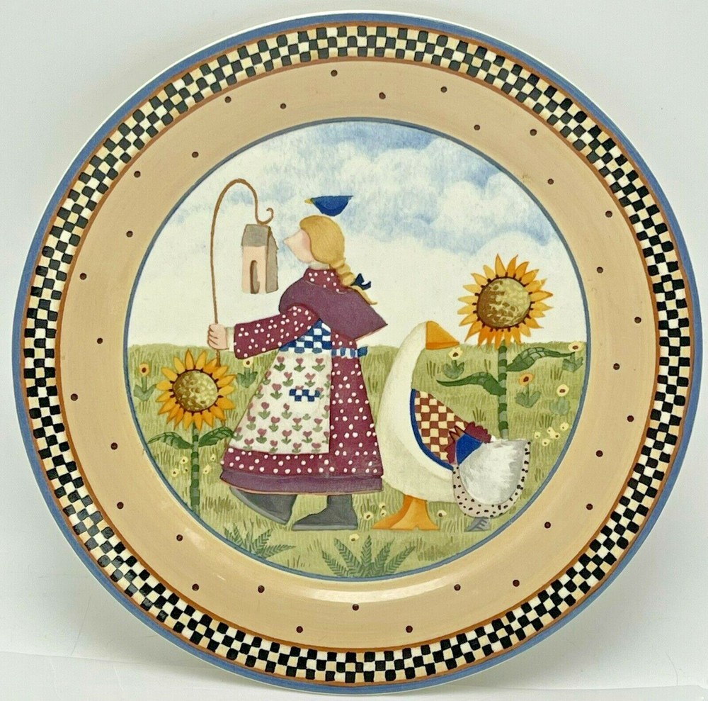 Williraye Studio Plate Girl Holding Birdhouse 1999 Fall Sunflowers Farm Goose
