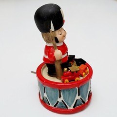 Vintage Working Music Box Boy Soldier Gun Bass Drum Toy Train Song School Days