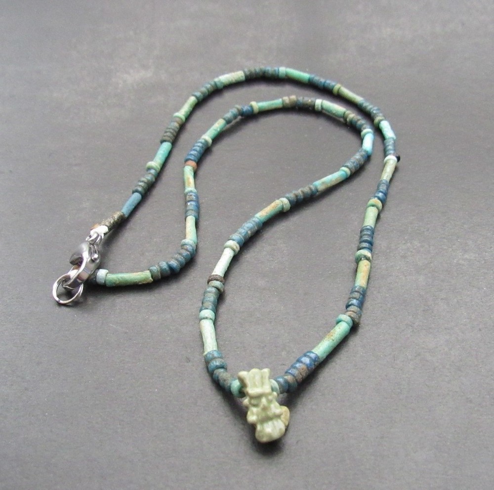 NILE Ancient Egyptian Bes Amulet Mummy Bead Necklace ca 300 BC