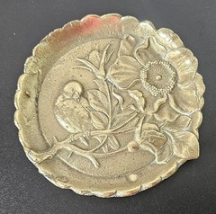 Vintage Art Nouveau Brass Scalloped Round Trinket Dish Impressed Bird Floral…