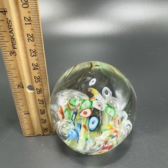 Hand Blown Art Glass Paperweight With Large Bubbles Multicolored Millefiori VTG
