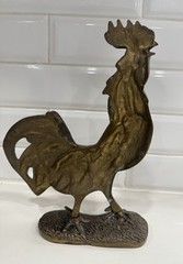Vintage Art Nouveau Solid Brass Rooster Figurine Statuette With Red Glass Eye