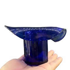 1980s Art Glass Hat Shaped Dish Bowl Clear Cobalt Blue Swirls Folded Edges VTG