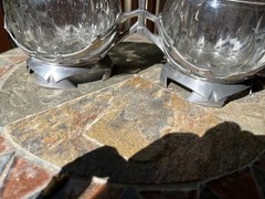 Art Nouveau Pewter Crystal Caddy, Bingit Zinn Jugendstil Condiment Server