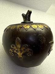 Rare Antique(?) Wood-Like Apple Decor w/Metal Brass Tone Accents
