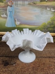 Fenton White Milk Glass Hobnail Ruffled Pedestal Compote Signed VTG, 8″