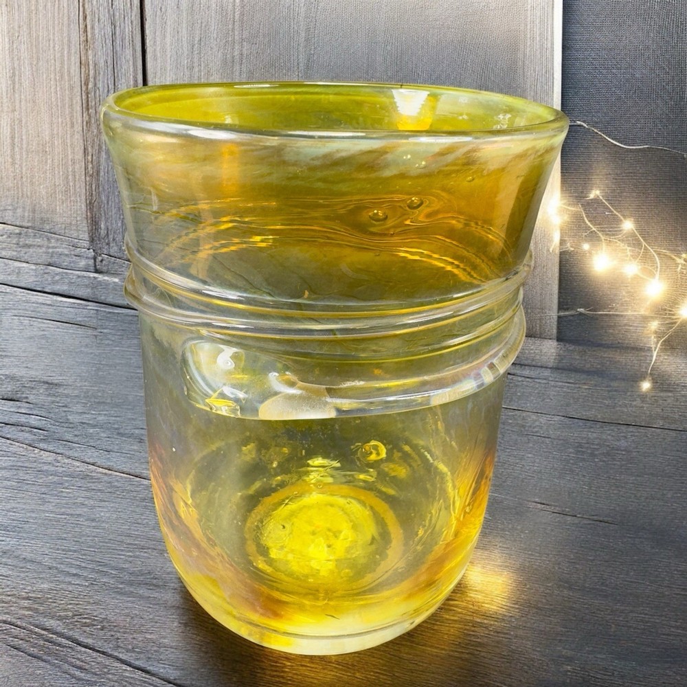 1984 Hand Blown Art Glass Single Tumbler Cup Yellow Opalescent Signed Jalitha