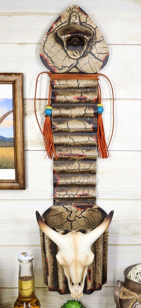 Rustic Western Beaded Bull Cow Skull Bottle Cap Opener With Bucket Catch 21″H