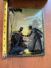 Vintage Silhouette Painted On Convex Glass 6″ x 8″ Couple Crossing Creek 1940s