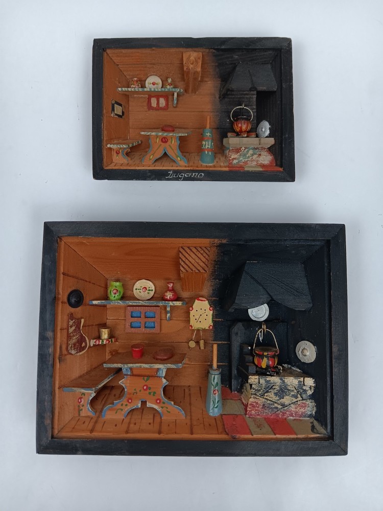 Vintage Switzerland 3D Wooden Shadow Boxes Folk Art Diorama Primitive Pair