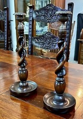 Antique Style LARGE 14″ TALL Carved Wooden Barley Twist Candlesticks with Bronze