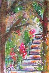 Watercolor Original ACEO Painting by Mary King – Secret Garden Steps