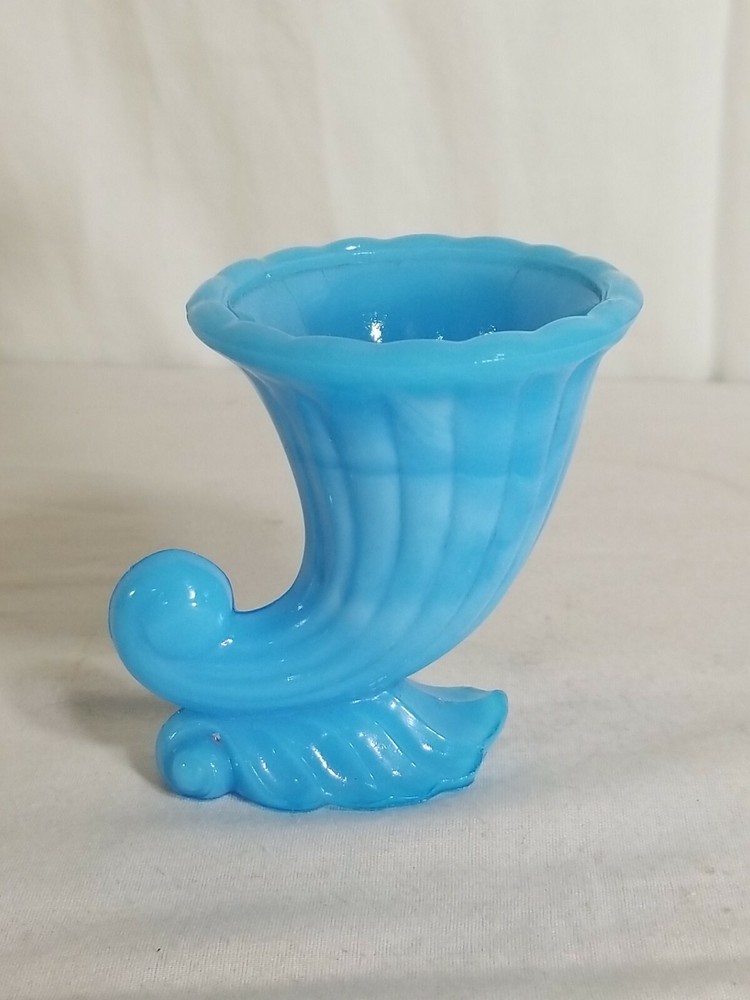 Vtg Blue Slag Glass Akro Agate NYC Vogue Merc Co. Toothpick Holder Cornucopia