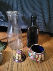 Group LOT ANTIQUES COLLECTIBLES BRASS Old Glass Bottles Adv. Mid-Century 1800’s