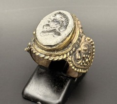 ANTIQUE INTAGLIO KING FACE RING EGYPTIAN ENGRAVED BRONZE RING SIGNET ROMAN 8.75
