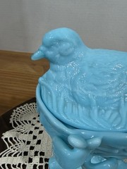 Westmoreland Robin Bird Dove on Nest Footed Bowl Dish & Lid Blue Milk Glass