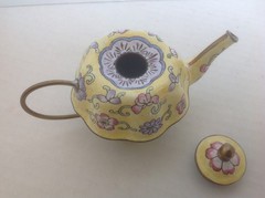 Miniature Brass Teapot w/ Painted Enamel YELLOW w/ Floral Design Unbranded VGC