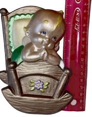 Vintage Ceramic 3D Kewpie Baby Cradle Wall Hanging Figurine Fun