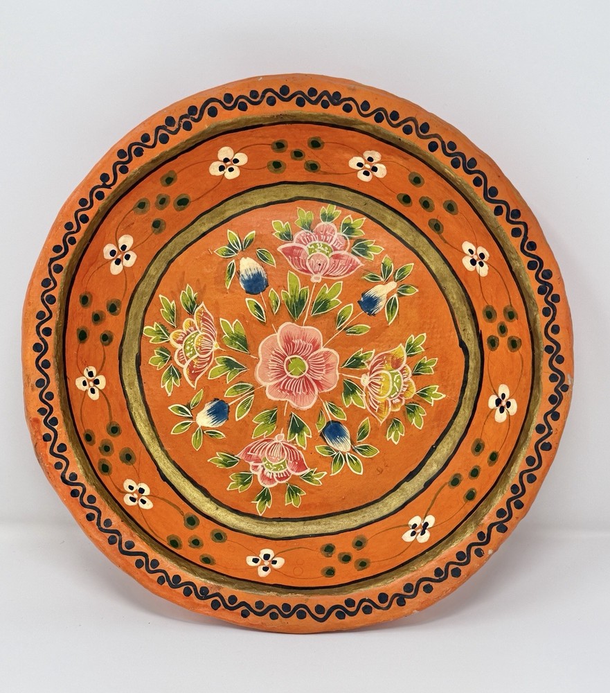 Vtg Artisan Hand Painted Floral Papier Mache Bowl Platter Folk Art Decor