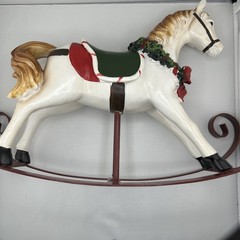 Rare Vintage Christmas Rocking horse Ceramic W/Metal. Ledge/shelf Decor 15 X 10