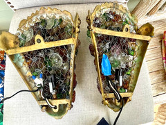 2 Vintage Art Nouveau Murano Glass Bronze Grape Cluster Wall Sconce 1900s 12″x8″