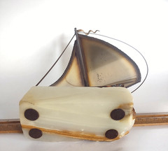 Vintage Signed John Demott Metal Sailboat Sculpture On Onyx Base *9.5″