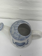 Vintage Pottery Watering Can with Blue Heart 5″ Tall 5.5″ Across Base Spongeware