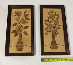 VTG Inlay Wall Art Decor Pair of Floral Panels Flower Vase MCM